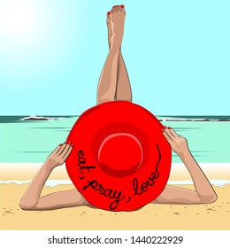 girl in a hat on the sea on the sand summer sunny dinkm legs up