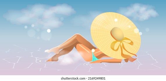Girl in a hat on the seashore. Vector illustration