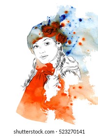 Girl in hat on watercolor background.