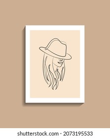 girl with hat one line art drawing ,editable