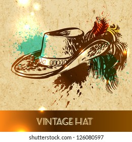 Girl hat with peacock feather - vector illustration sketch on paper background