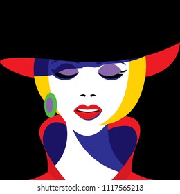 Girl in hat in pop art style. Vector graphics