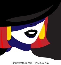Girl in hat in pop art style fashion woman. Vector graphics.