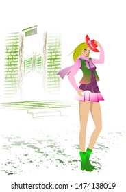 A girl with a hat is posing in front of the western background.