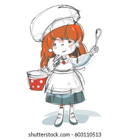 Girl in hat ready for cooking.Hand drawn sketch.Vector isolated on white background.
