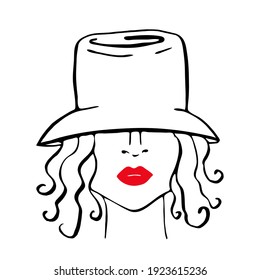 a girl with a hat and red lips. face drawing, contour portrait of a woman. vector illustration