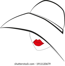 The girl in the hat, red lipstick, line art. Clipart,t-shirt design
