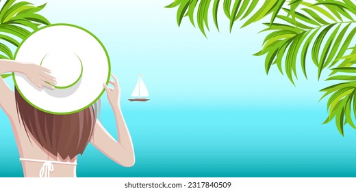 Girl in a hat resting on the shores of the azure sea under palm trees with the ship. Vector illustration.