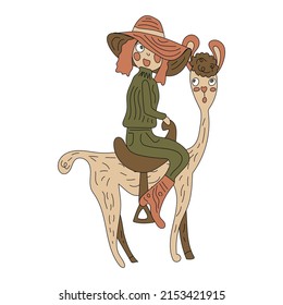 A girl in a hat rides a short-cropped llama. Isolated on a white background. 
