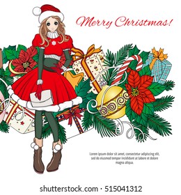 Girl in the hat of Santa Claus costume and Santa's helper with a Christmas wreath of fir branches and toys with traditional Christmas colors