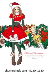 Girl in the hat of Santa Claus costume and Santa's helper with a Christmas wreath of fir branches and toys with traditional Christmas colors