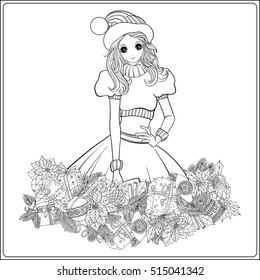 Girl in the hat of Santa Claus costume and Santa's helper with a Christmas wreath of fir branches and toys. Coloring book for adult. Outline drawing coloring page.