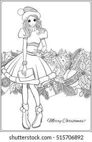 Girl in the hat of Santa Claus costume and Santa's helper with a Christmas wreath of fir branches and toys. Coloring book for adult. Outline drawing coloring page.