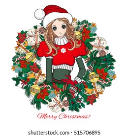 Girl in the hat of Santa Claus costume and Santa's helper with a Christmas wreath of fir branches and toys with traditional Christmas colors