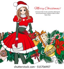 Girl in the hat of Santa Claus costume and Santa's helper with a Christmas wreath of fir branches and toys with traditional Christmas colors