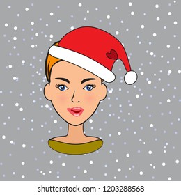 Girl in the hat of Santa Claus. New year avatar. Christmas.

