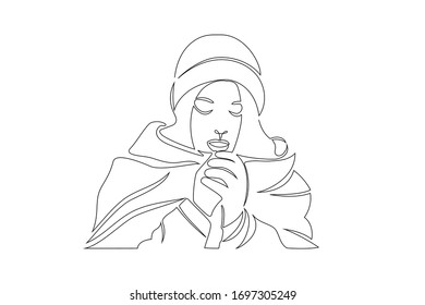 Girl in the hat is shivering from the cold.  An illustration drawn with a single solid continuous line.