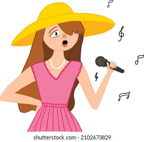 The girl in the hat sings into the microphone. Vector illustration