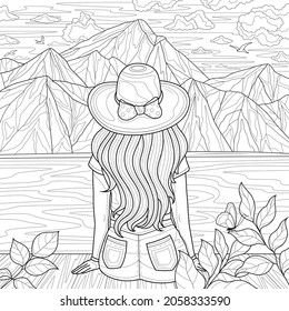 La chica del sombrero se sienta hacia atrás y mira las montañas. Paisaje.Colorante libro antiestrés para niños y adultos. Ilustración aislada sobre fondo blanco. Estilo zenano-margino. Dibujo manual