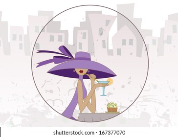 girl in a hat sits in cafe against the old city
