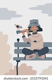 A girl in a hat sitting on a bench in park and plays flute. Stylish young woman with musical instrument. 