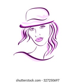 girl in the hat, sketch, vector on a white background