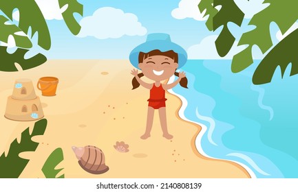 A girl in a hat stands on the seashore. On the beach there is a sand castle and shells. Illustration in cartoon flat style. Blue sky and water and clean yellow sand.