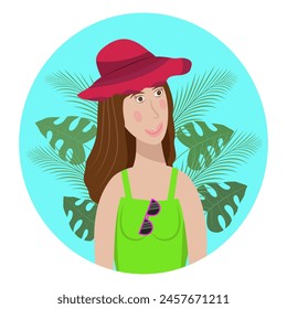 Girl in a hat, summer character, flat vector illustration