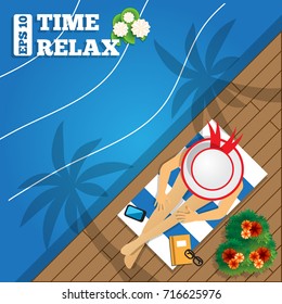 Girl in hat sunbathing. View from above. Vector illustration. 