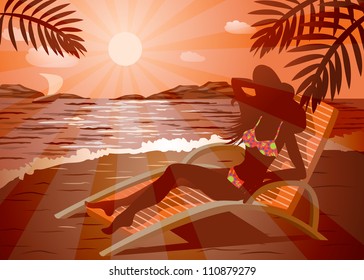 	Girl in a hat and sunglasses getting tan on a beach, File EPS(10)