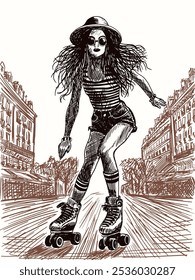 menina em chapéu óculos de sol patinador patinagem para baixo cidade rua urbano ambiance fundo mão desenhada linha de tinta arte detalhado esboço vetor ilustração retro vintage estilo