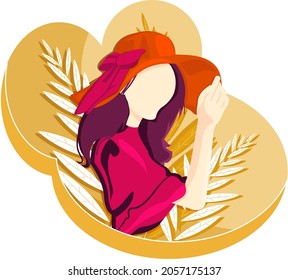 girl in a hat surrounded by tropical leaves