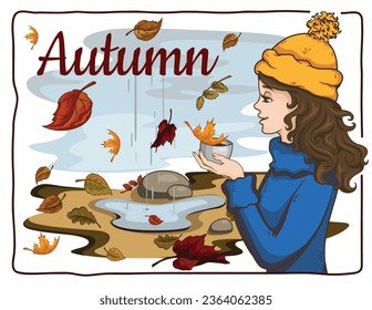 A girl in a hat and sweater against the background of the autumn sky in the rain looks at a yellow leaf that has fallen into a cup of coffee. Vector illustration.