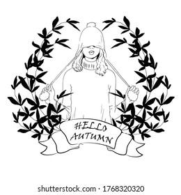 Girl in a hat and sweater, on the background a vignette with the inscription. Monochrome, vector white sketch. Line drawing