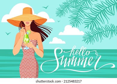 Girl in hat and swimsuit with cocktail, vector illustration on seaside, tropical landscape, hand written lettering Hello Summer.