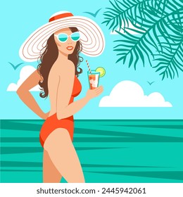 Girl in hat and swimsuit with cocktail, vector illustration on seaside, tropical landscape.