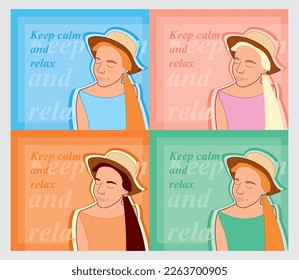 Girl in hat vector. Drawing female face. Line Face Art. Girl with closed eyes. Woman Keep calm and relax. Four background options.