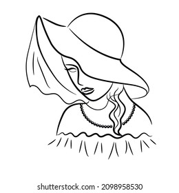 Girl in a hat with a veil. Circuit. Vector illustration.