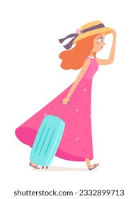 Girl in hat walking with suitcase vector illustration. Cartoon isolated woman tourist rolling plastic suitcase in airport terminal, street or train station, walk with luggage of young happy character.