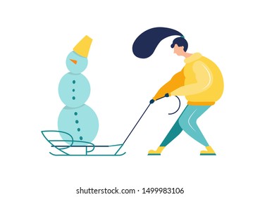 Girl in hat and warm clothes makes a snowman and lugs him on sled. Flat illustration isolated character on white background. Walking Outdoors