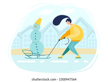 Girl in hat and warm clothes makes a snowman and lugs him on sled. Flat illustration isolated character on white background. Walking Outdoors house, holiday mood
