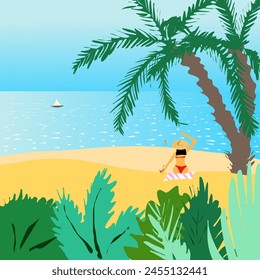 A girl in a hat waves her hand from the shore of a sandy sea beach to someone in the water. Vector illustration Day sea beach girl in swimsuit and palm tree near