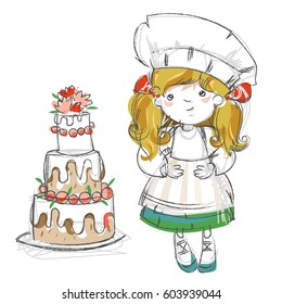 Girl in the hat with wedding cake.Hand drawn sketch.Vector isolated on white background.