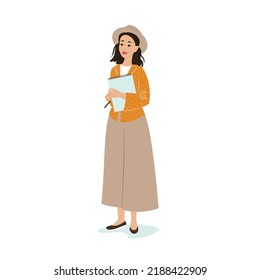 A girl in a hat and wide pants holds a sketchbook and a pencil in her hands. Profession Artist. Vector illustration.