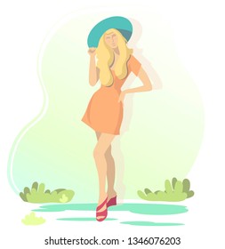 Girl in a hat. Young girl in summer dress.Flat Vector Illustration