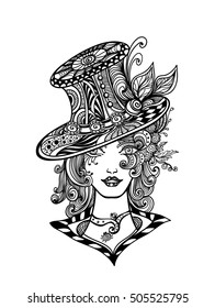 Girl in hat in Zen doodle or  Zen tangle decorative style handmade black on white for Halloween or for make up on Masquerade or for coloring page or relax coloring book or for decorate package clothes