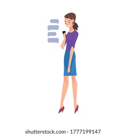 Girl hatting Via Internet Using Smartphone, Young Woman Using Digital Gadget Vector Illustration