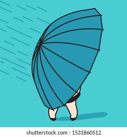 Girl Have Been Struggling To Open Her Umbrella In The Wind And Rain Concept Card Character illustration