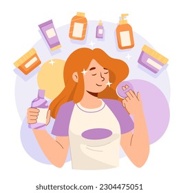 Girl have cosmetic. Woman in Tshirt with creams and sprays, brushes. Aesthetics and elegance. Beauty and spa treatments, hygiene and skincare. Cartoon flat vector illustration