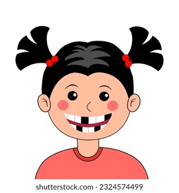 Girl have missing teeth in smile. Kid wear pink shirt.